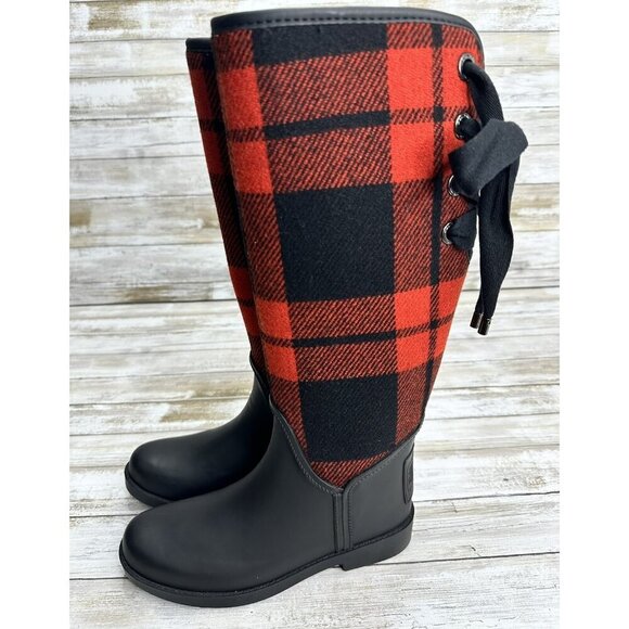 Coach Woman’s Tristee Rain Red/Black Buffalo Plaid Fleece-Lined Boots Size 6B - Picture 1 of 12